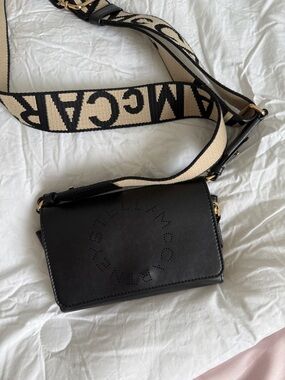 Stella McCartney Black Crossbody with Beige Logo Strap